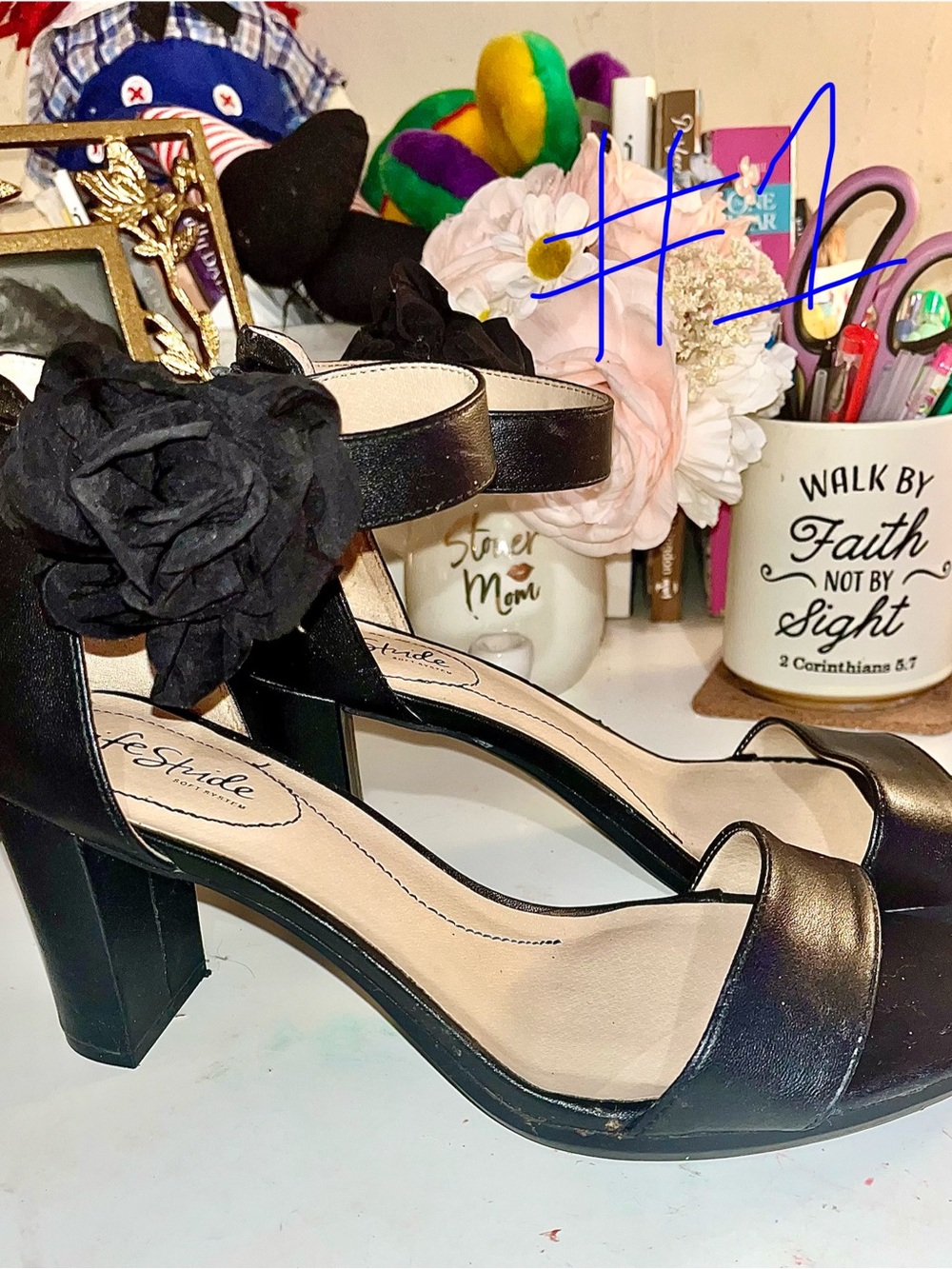 Life Stride Black Block Heel Sandals with Floral Ankle Accent
